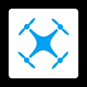 Quadcopter icon. Glyph style is blue and white colors, flat rounded square button on a black background.