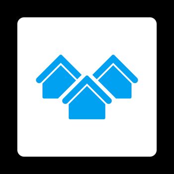 Real estate icon. Glyph style is blue and white colors, flat rounded square button on a black background.