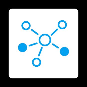 Relations icon. Glyph style is blue and white colors, flat rounded square button on a black background.