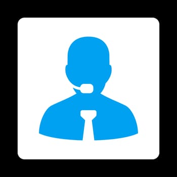Support chat icon. Glyph style is blue and white colors, flat rounded square button on a black background.
