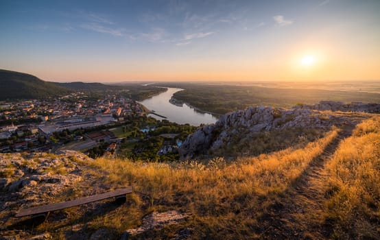 View of Small City of Hainburg an der Donau with Danube River as Seen from Braunsberg Hill at Beautiful Sunset