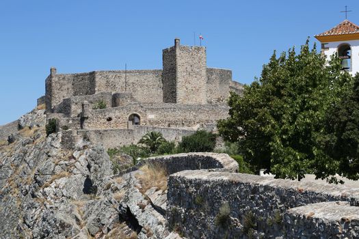 The narrow streets, white houses and medieval castle of Marvao in Portugal