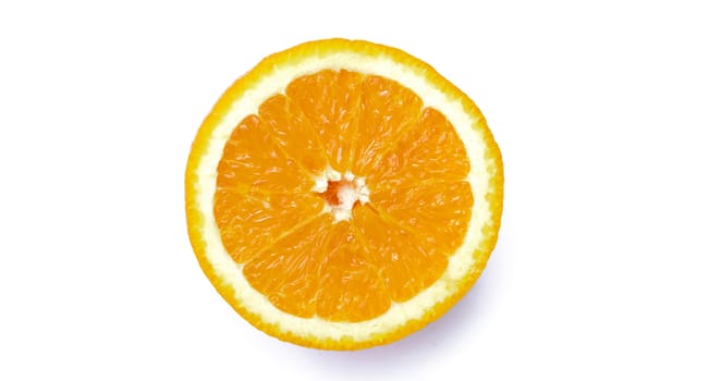 Slice of orange fruit on white background.