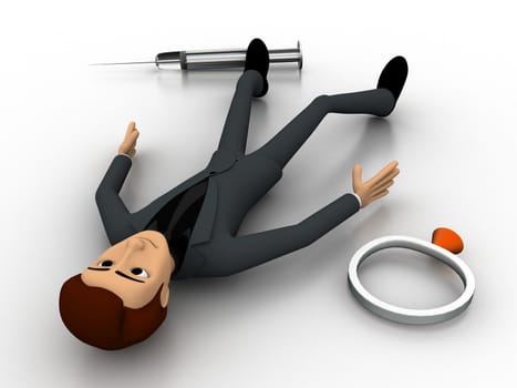 3d man lying on floor with injection and magnifying glass concept on white background, back angle view