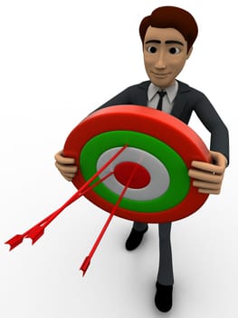 3d  man holding target board to aim on it concept on white background, side angle view