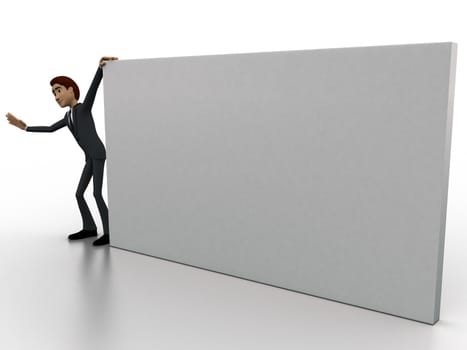 3d man with big banner concept on white background,  side angle view