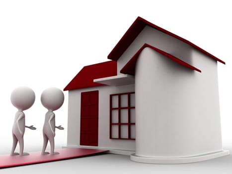 3d person entering house concept on white isolated background , side angle view 