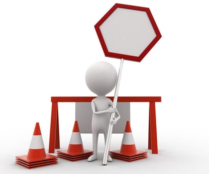 3d man presenting stop barrier / under construction concept  on white isolated background 