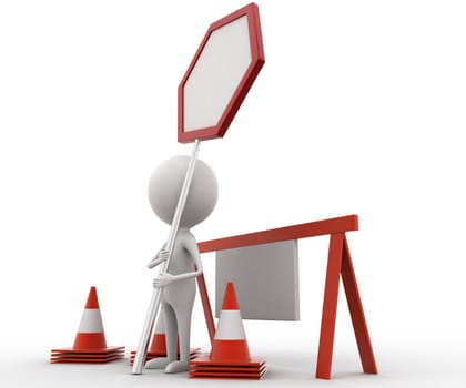 3d man presenting stop barrier / under construction concept  on white isolated background , side angle view 