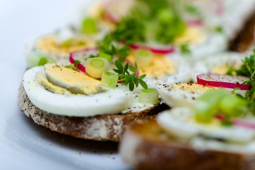 Healthy snack - wholemeal bread with egg and fresh cress and radishes