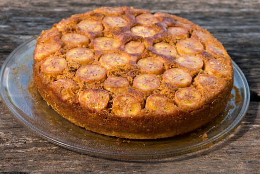 Upside down banana cake with coconut and caramel