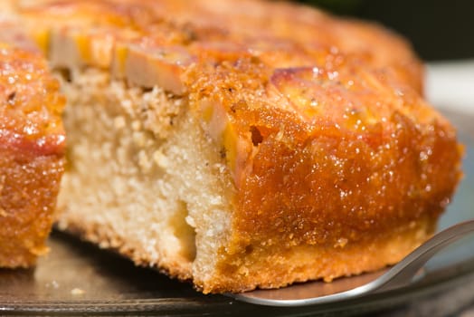 Upside down banana cake with coconut and caramel