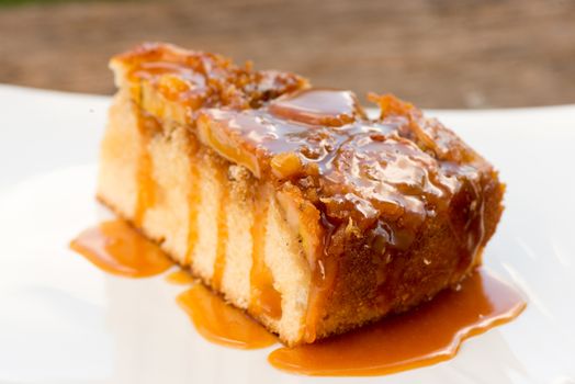 Upside down banana cake with coconut and caramel