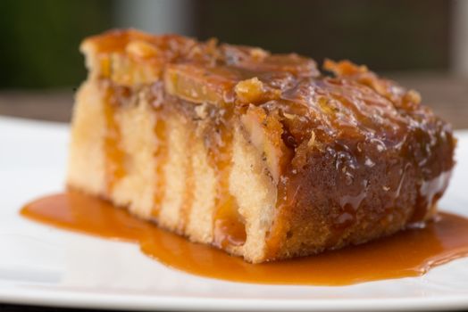 Upside down banana cake with coconut and caramel