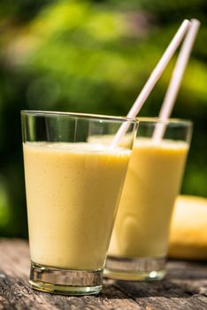 Fresh homemade mango  smoothie in a glass, served outside in a garden on a wood table