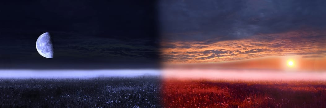 Day and night conceptual image. Field in day and night.