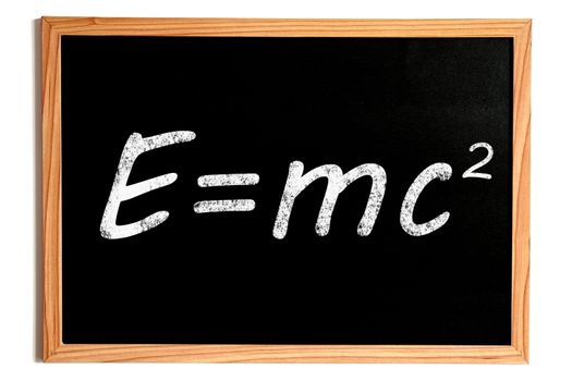 Einstein Energy Formula E=mc2 Text on Chalkboard with Wooden Frame on White