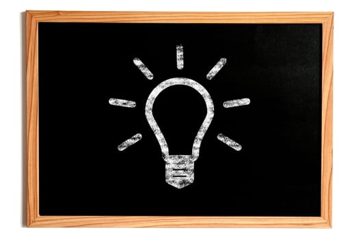 Chalk Light Bulb Shape on Chalkboard with Wooden Frame Isolated on White, Idea Concept