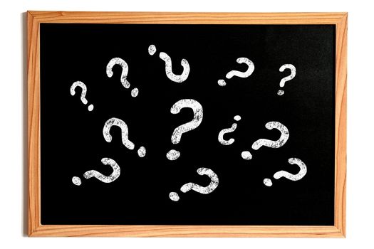 Many Chalk Question Marks Text on Chalkboard with Wooden Frame Isolated on White