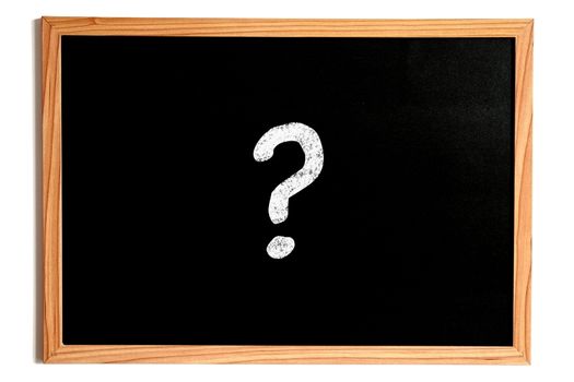One Single Question Mark Chalk Text on Chalkboard with Wooden Frame Isolated on White