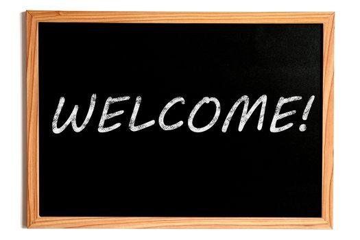 Welcome Chalk Text on Chalkboard with Wooden Frame on White