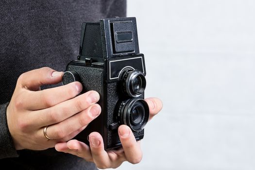 Vintage, black photo camera close up