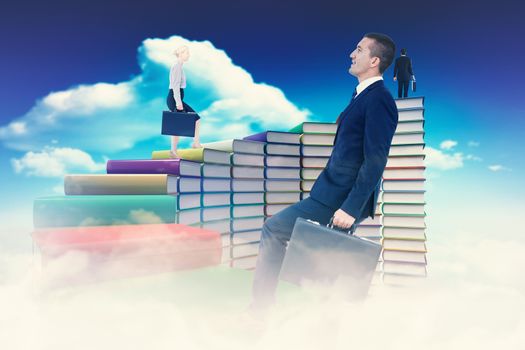 Businesswoman climbing with briefcase against bright blue sky with clouds