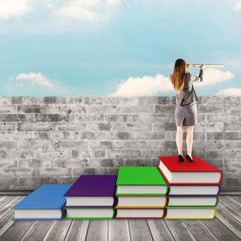 Businesswoman looking through a telescope against brick lined wall covering half sky