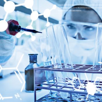 Protected female scientist dropping blue liquid in a test tube against science graphic