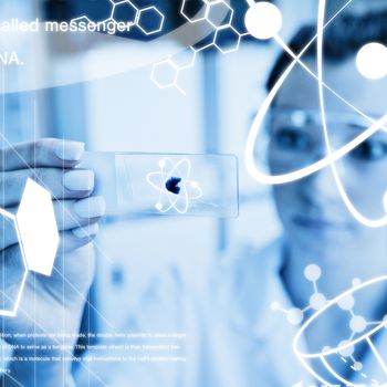 Science graphic against scientist looking at a microscope slide