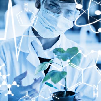 Science graphic against woman holding a plant adding green liquid to soil