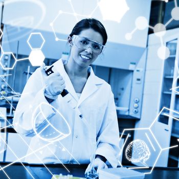 Science graphic against smiling scientist pouring a liquid in an erlenmeyer flask