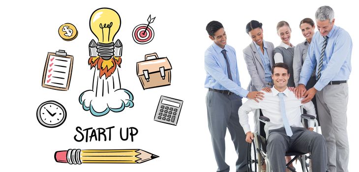 Business people supporting their colleague in wheelchair  against start up doodle