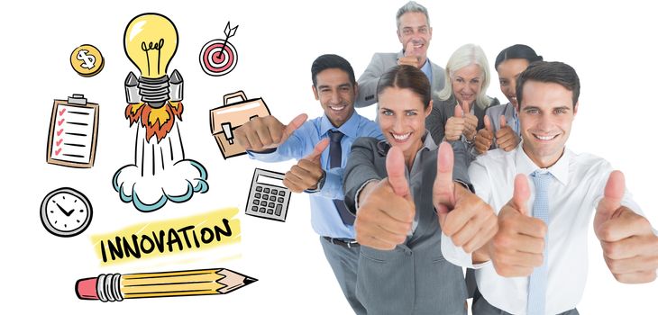Happy business people looking at camera with thumbs up  against innovation doodle