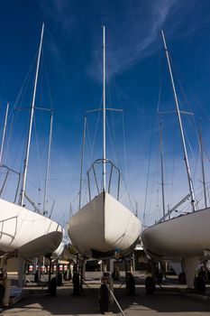 Racing yachts in dry dock.