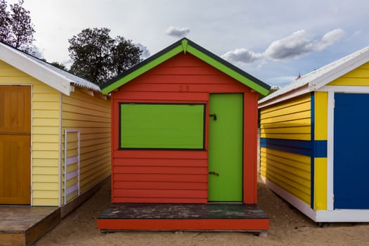 Colourful bathing boxes on the beach, in Brighton, Australia.
