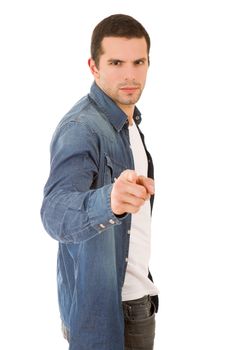 young casual man pointing, isolated on white