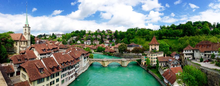 Panorama view of historical old town city and river on bridge in Bern, Switzerland