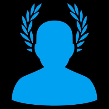 Caesar icon from Competition & Success Bicolor Icon Set. Glyph style is flat symbols, blue color, rounded angles, black background.