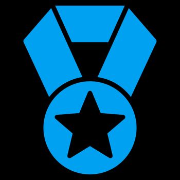 Champion medal icon from Competition & Success Bicolor Icon Set. Glyph style is flat symbols, blue color, rounded angles, black background.