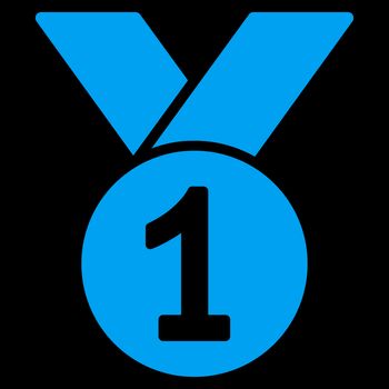Gold medal icon from Competition & Success Bicolor Icon Set. Glyph style is flat symbols, blue color, rounded angles, black background.