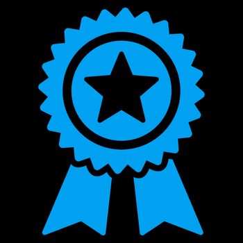 Guarantee icon from Competition & Success Bicolor Icon Set. Glyph style is flat symbols, blue color, rounded angles, black background.