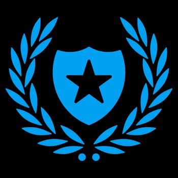 Shield icon from Competition & Success Bicolor Icon Set. Glyph style is flat symbols, blue color, rounded angles, black background.
