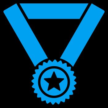 Winner medal icon from Competition & Success Bicolor Icon Set. Glyph style is flat symbols, blue color, rounded angles, black background.