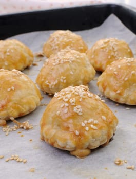 Bun puff pastry with sesame seeds on a baking paper in the pan