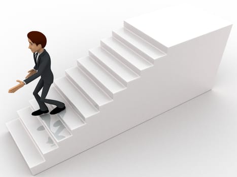 3d man walking down from stairs concept on white background, top angle view