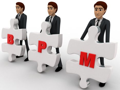 3d man with BPM written on puzzle pieces concept on white background, front angle view