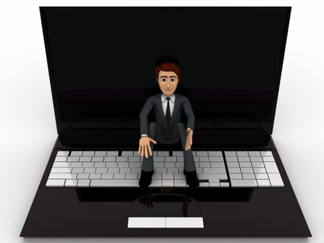 3d man sitting on laptop concept on white background, front angle view