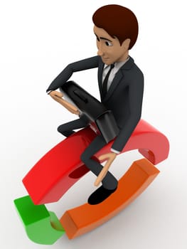 3d man sitting on circle with briefcase going to office concept on white background,  top  angle view