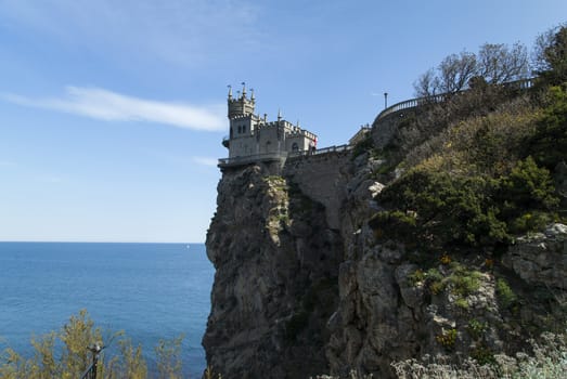 The castle by the sea is on the rock highly above water